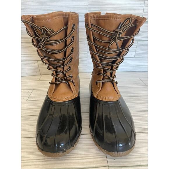 Madden Girl Women’s Size 7 Flurry Tan Black Waterproof Flannel Lined Duck Boots - Picture 3 of 13